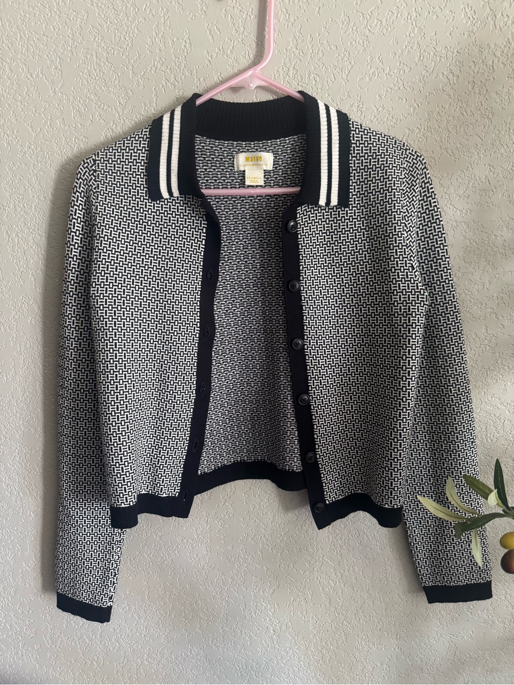 Maeve Anthropologie Black White Geometric Knit Cardigan Sweater XXS